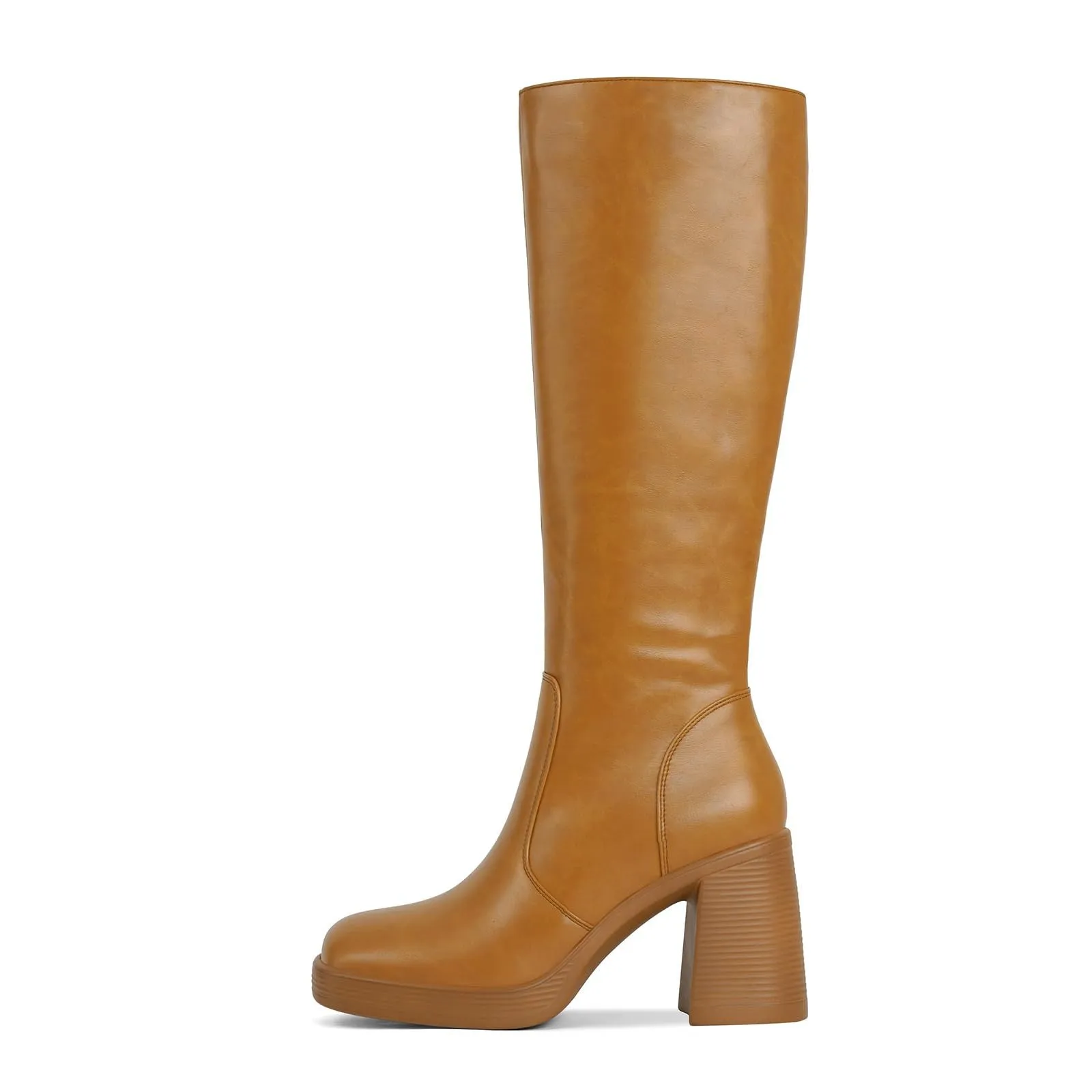 Tillbuy Black Leather Boots Platform Boots for Women Square Toe Chunky Block Heeled Boots