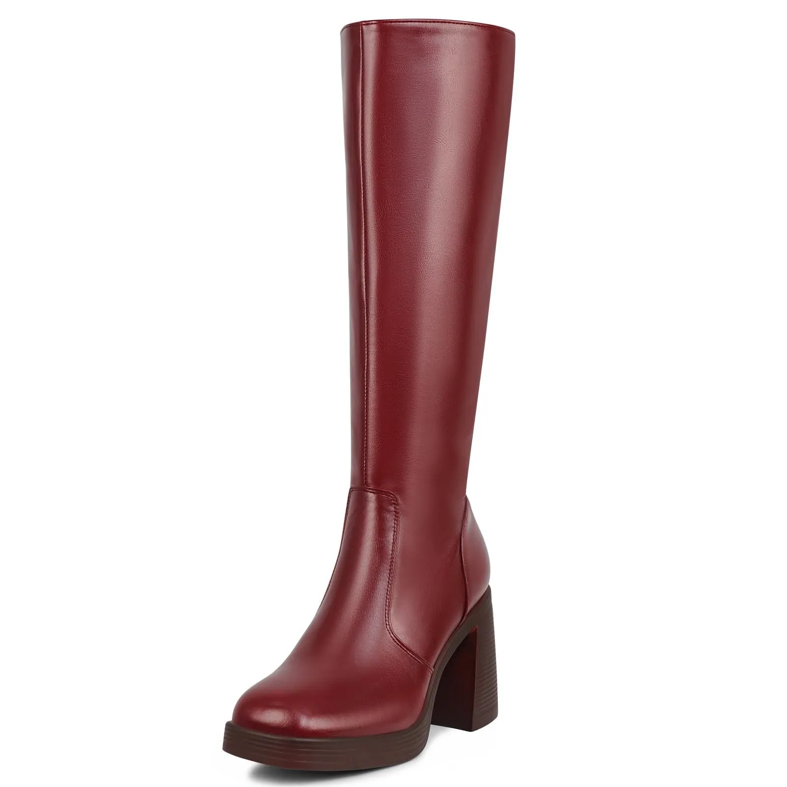 Tillbuy Black Leather Boots Platform Boots for Women Square Toe Chunky Block Heeled Boots