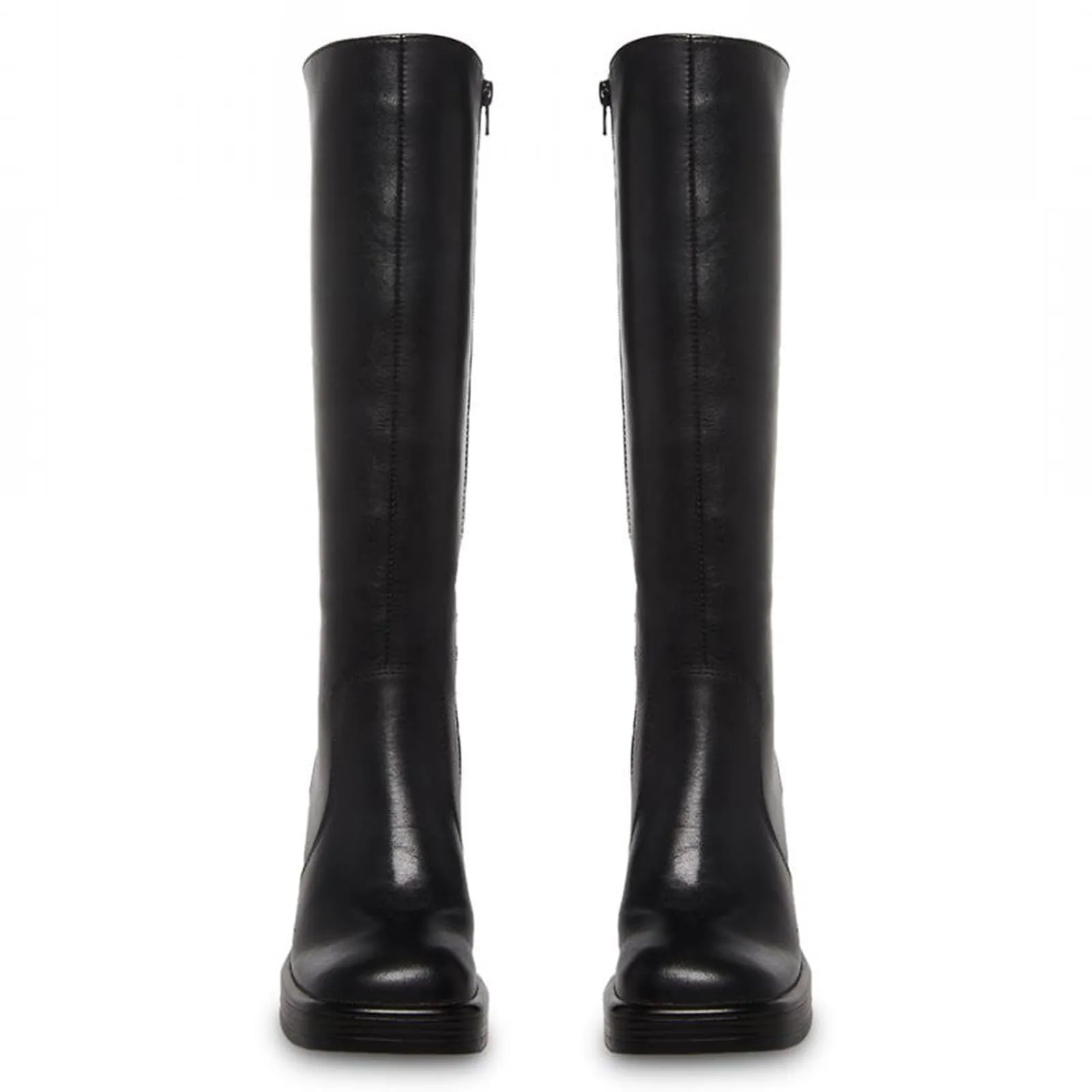 Tillbuy Black Leather Boots Platform Boots for Women Square Toe Chunky Block Heeled Boots