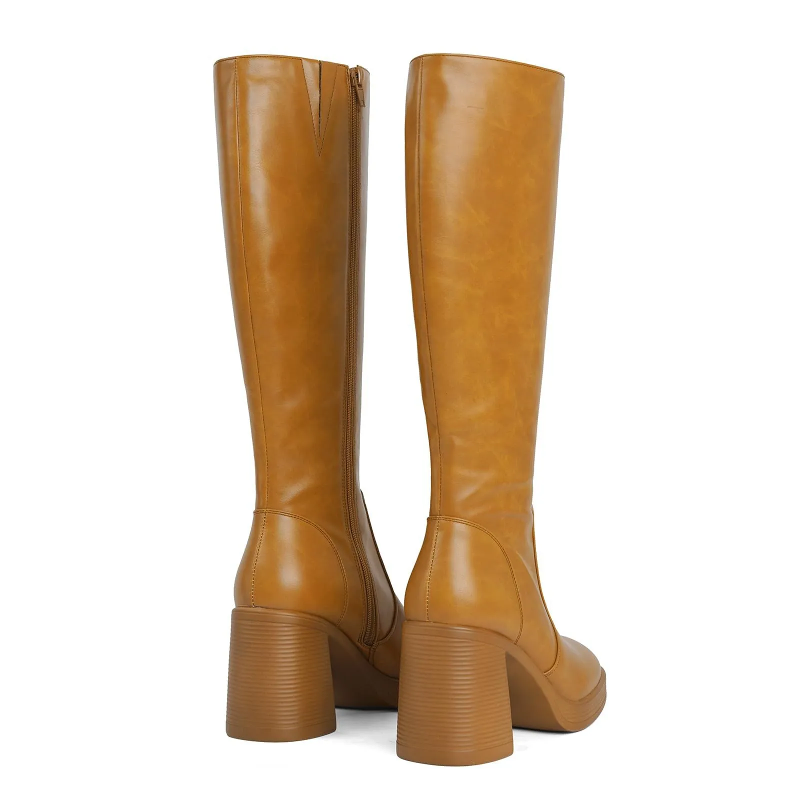 Tillbuy Black Leather Boots Platform Boots for Women Square Toe Chunky Block Heeled Boots