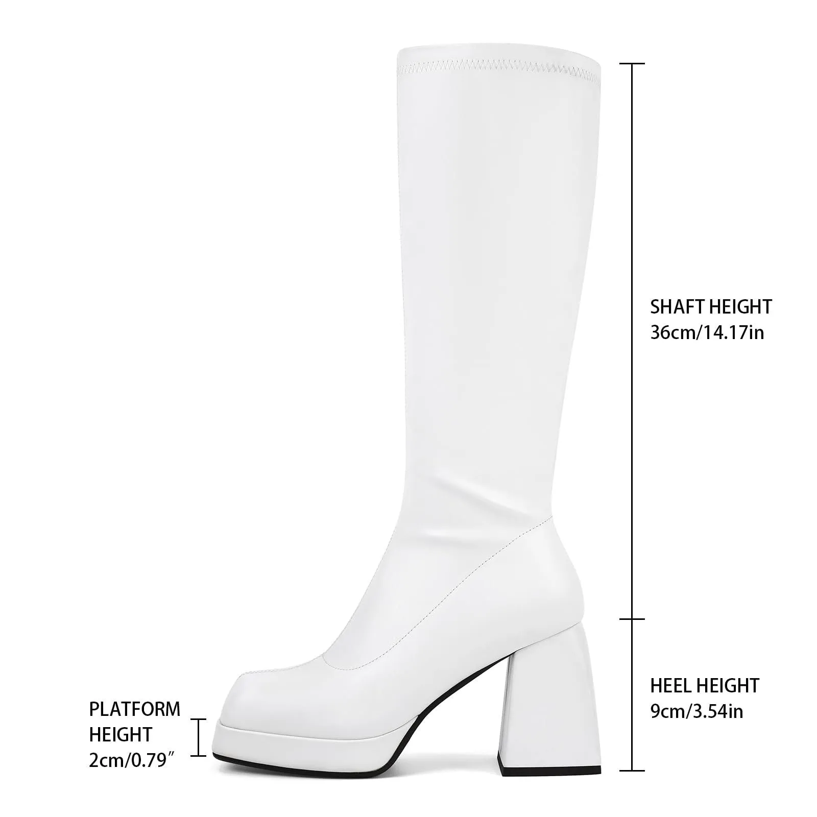Tillbuy Black Leather Boots Platform Boots for Women Square Toe Chunky Block Heeled Boots