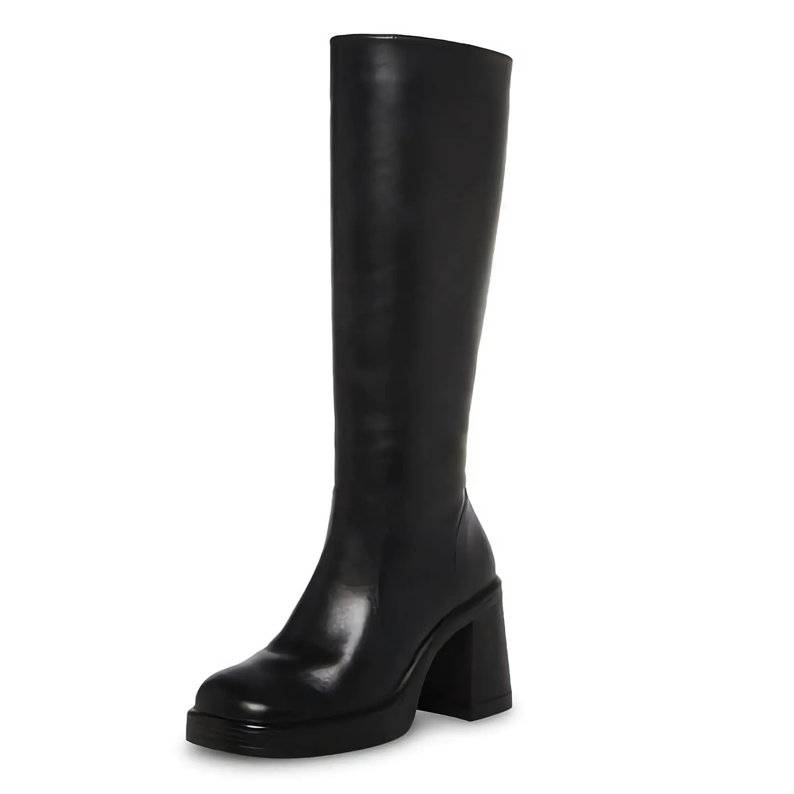 Tillbuy Black Leather Boots Platform Boots for Women Square Toe Chunky Block Heeled Boots