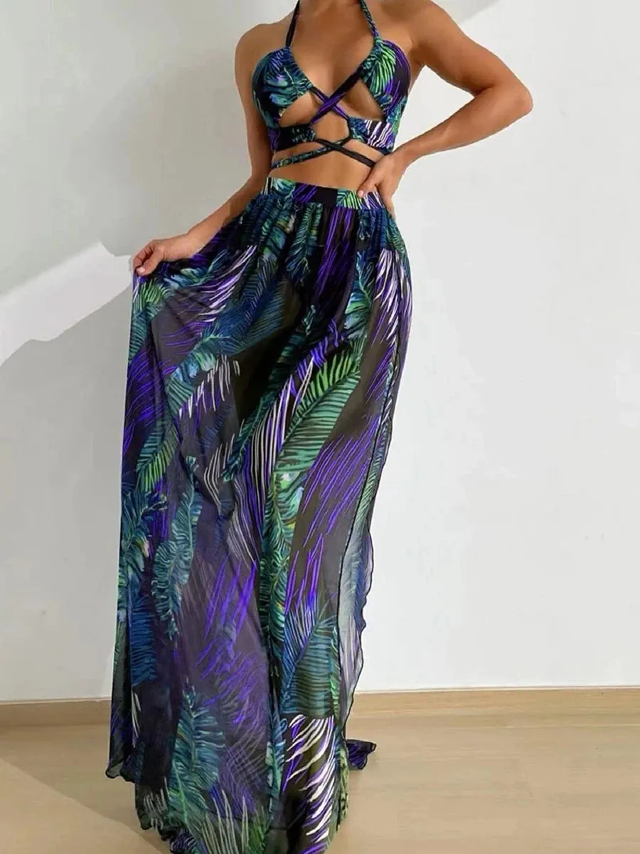 Tropical Temptation Halter Maxi 3 Pcs Set Dress