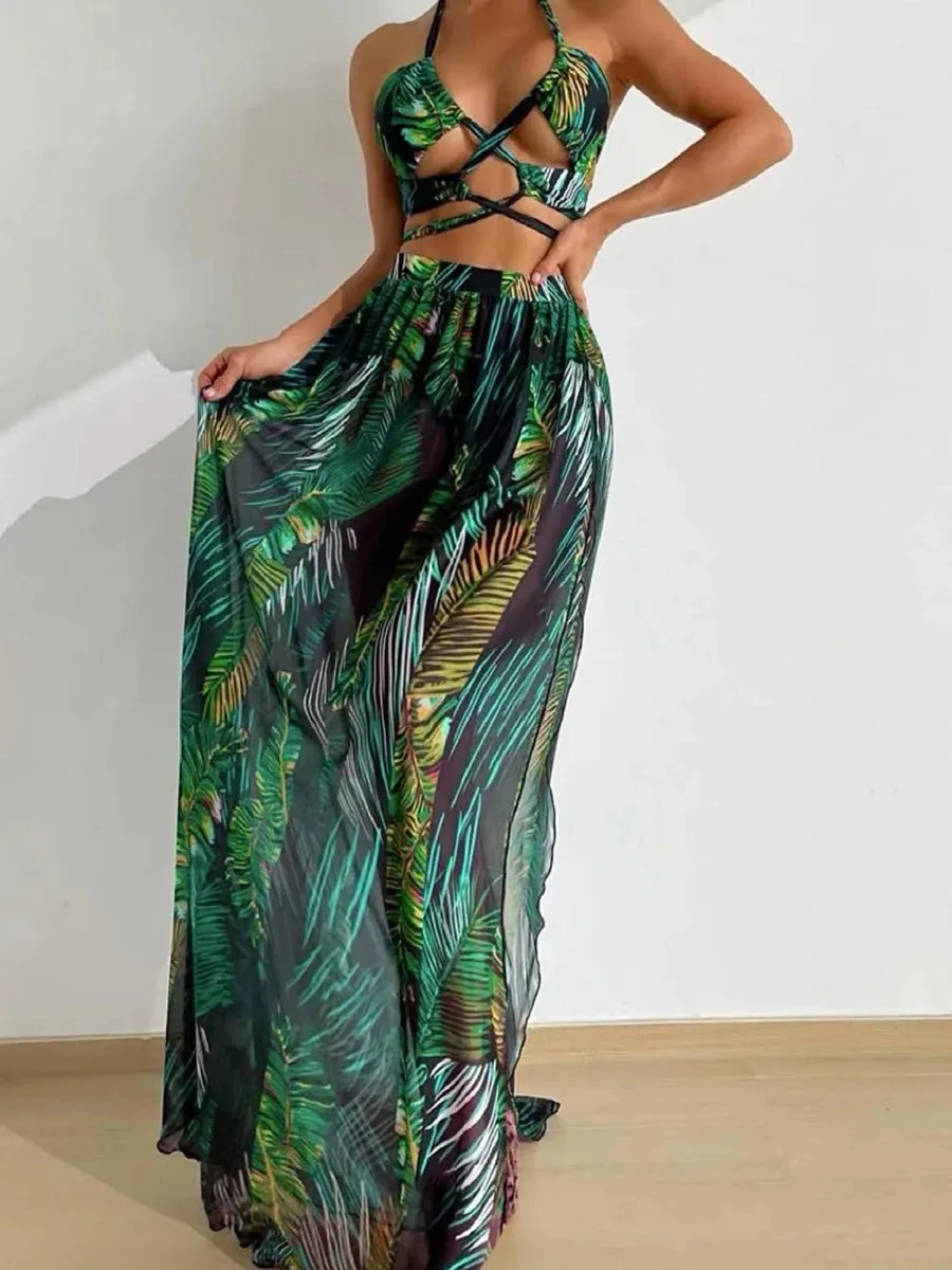 Tropical Temptation Halter Maxi 3 Pcs Set Dress