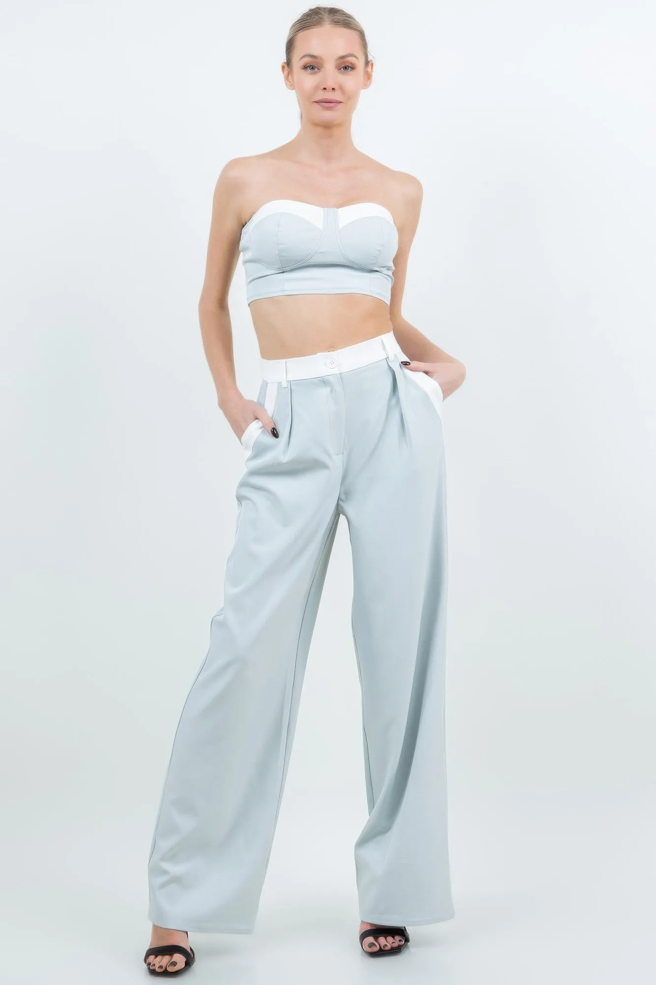 Tube Crop Top With 2 Pocket Wide Leg Pant Suit Set