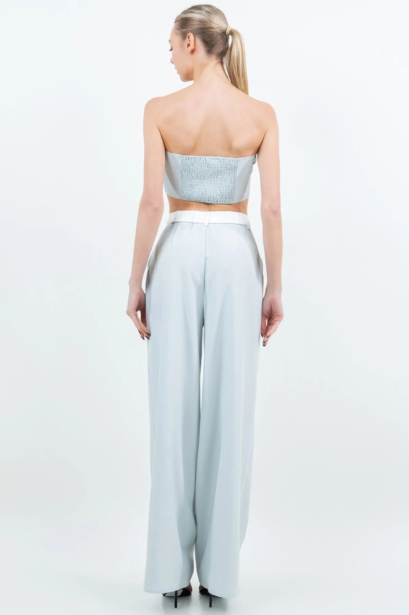 Tube Crop Top With 2 Pocket Wide Leg Pant Suit Set