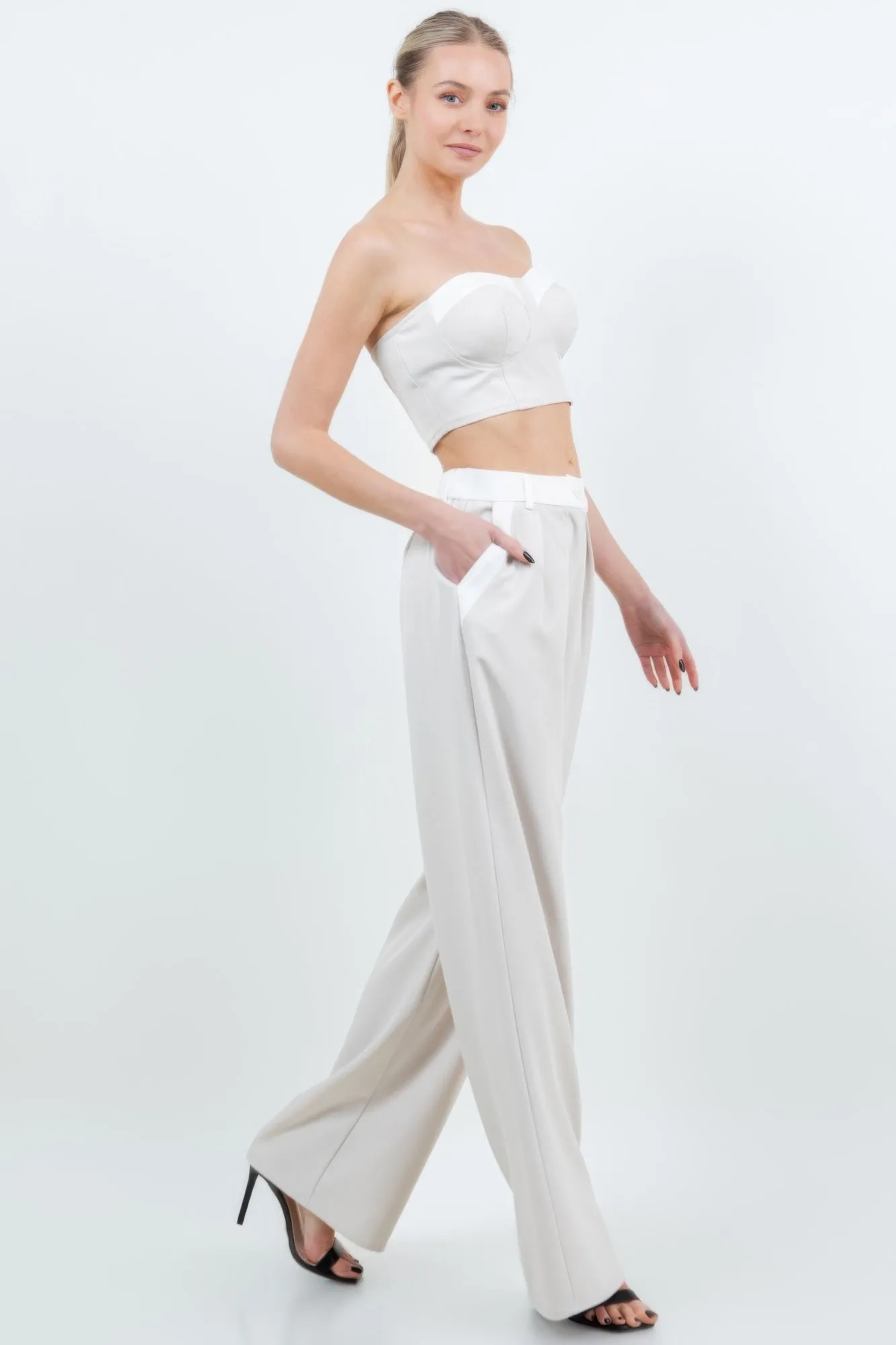 Tube Crop Top With 2 Pocket Wide Leg Pant Suit Set
