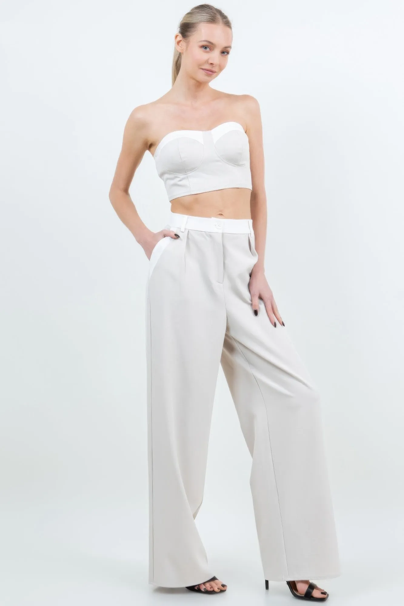 Tube Crop Top With 2 Pocket Wide Leg Pant Suit Set