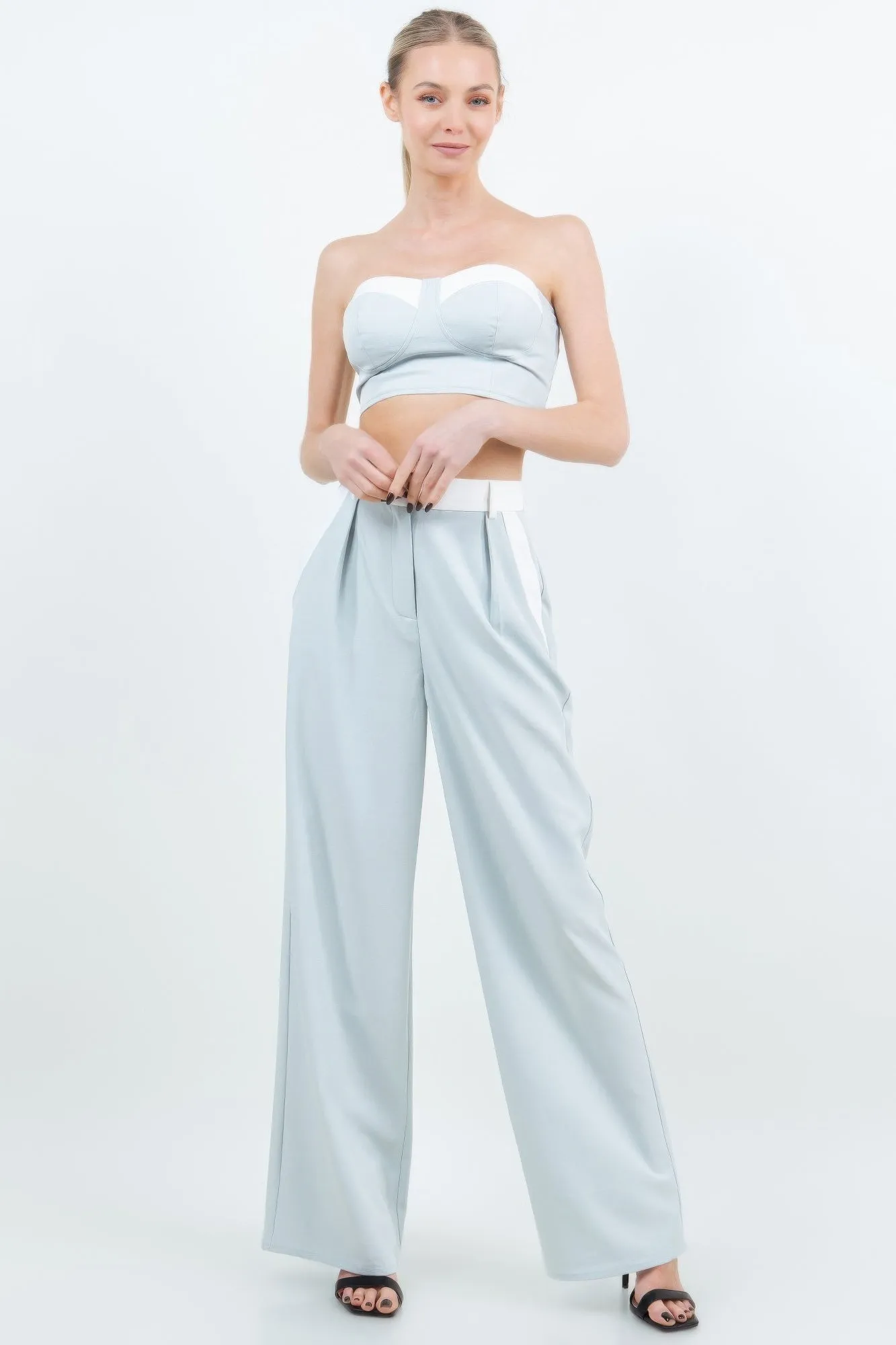 Tube Crop Top With 2 Pocket Wide Leg Pant Suit Set