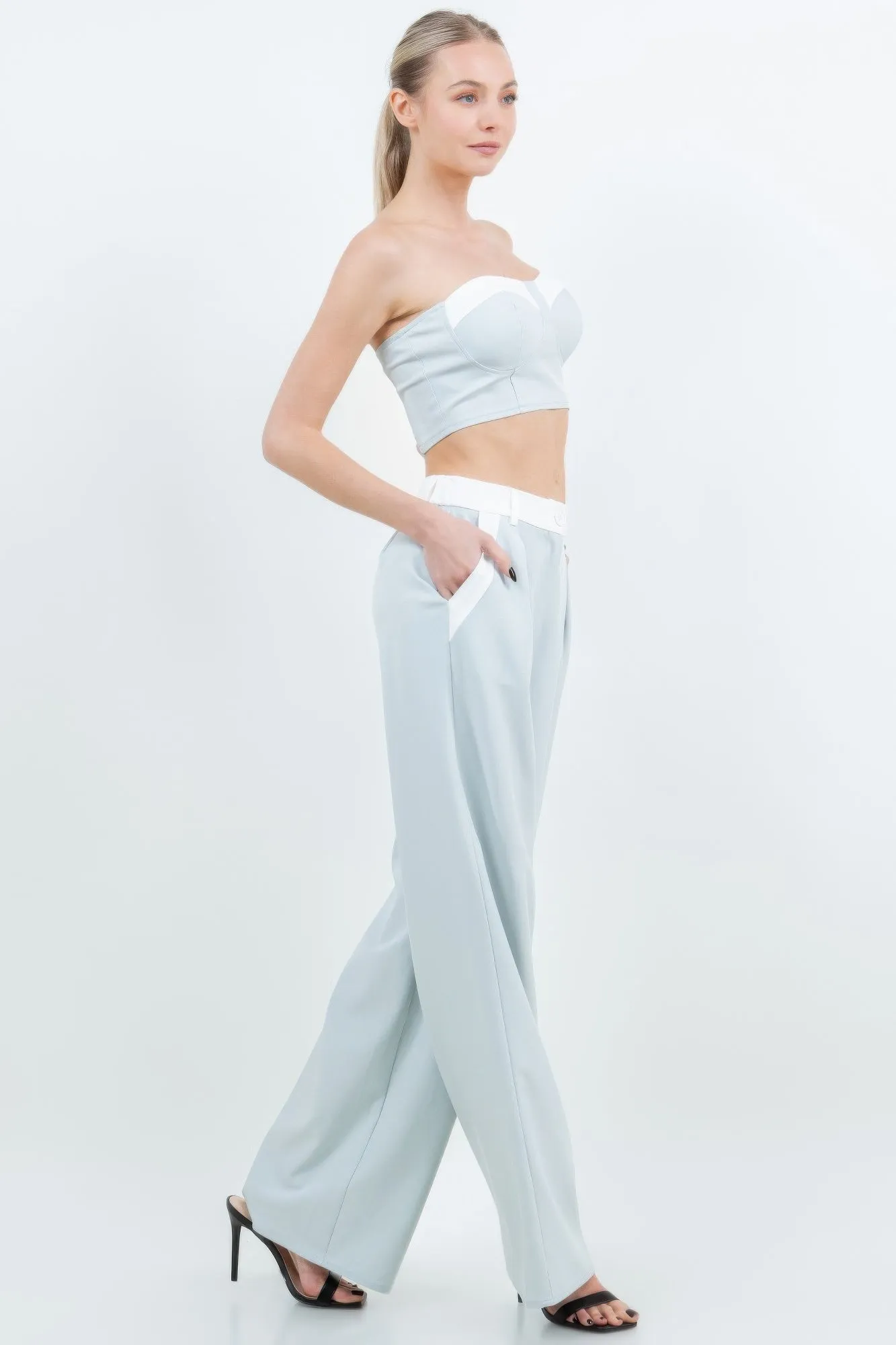 Tube Crop Top With 2 Pocket Wide Leg Pant Suit Set