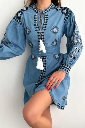 Waist Belted Ethnic Pattern Embroidered Denim Jeans Dress, Boho Denim Dress, Trendy Ethnic Wear,Feminine Boho Chic Fashion,Party Dress