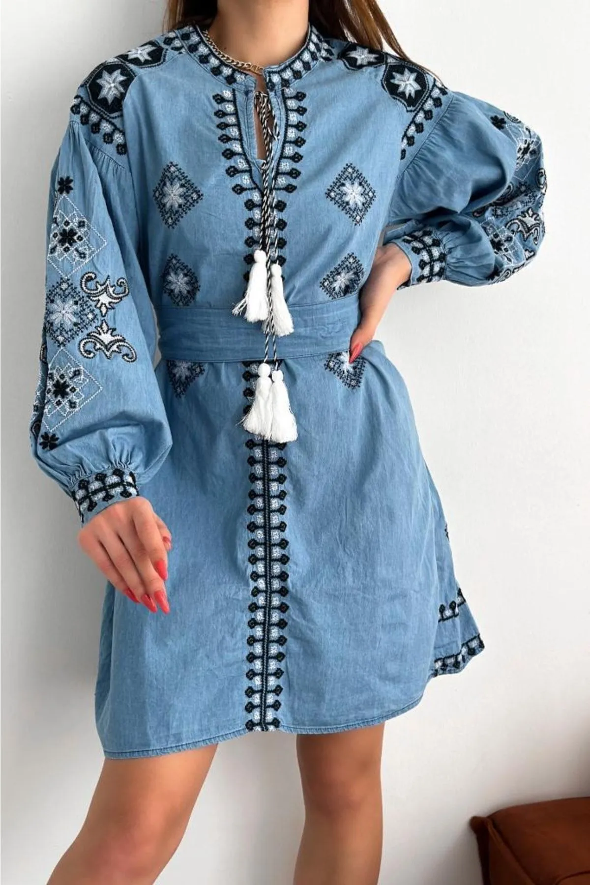 Waist Belted Ethnic Pattern Embroidered Denim Jeans Dress, Boho Denim Dress, Trendy Ethnic Wear,Feminine Boho Chic Fashion,Party Dress