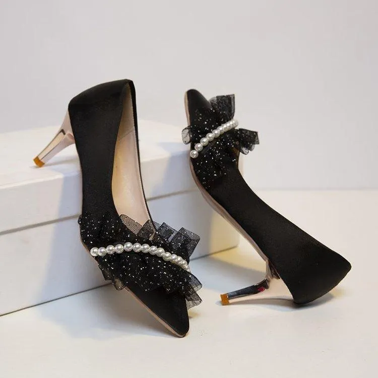 Women wedding pointed toe ruffle strap rhinestone bridal heels