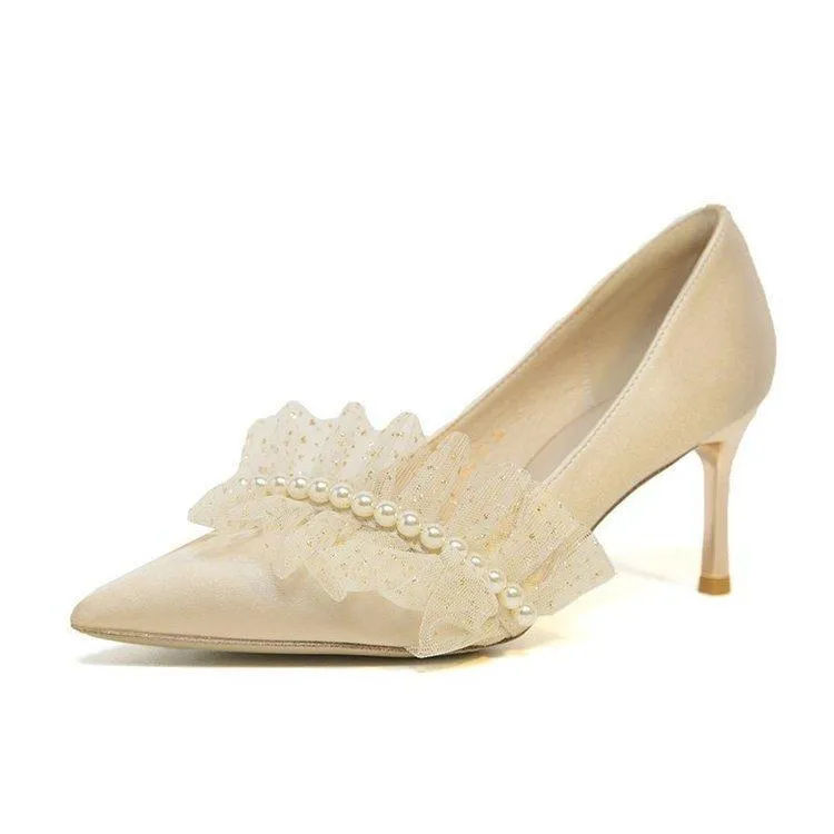 Women wedding pointed toe ruffle strap rhinestone bridal heels