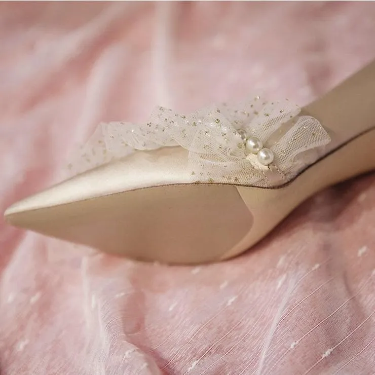 Women wedding pointed toe ruffle strap rhinestone bridal heels