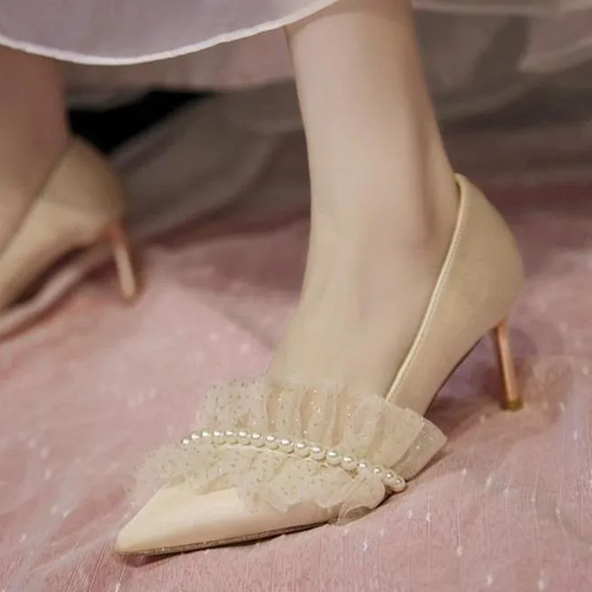 Women wedding pointed toe ruffle strap rhinestone bridal heels