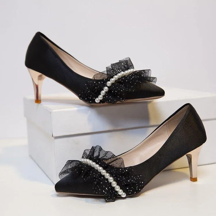 Women wedding pointed toe ruffle strap rhinestone bridal heels