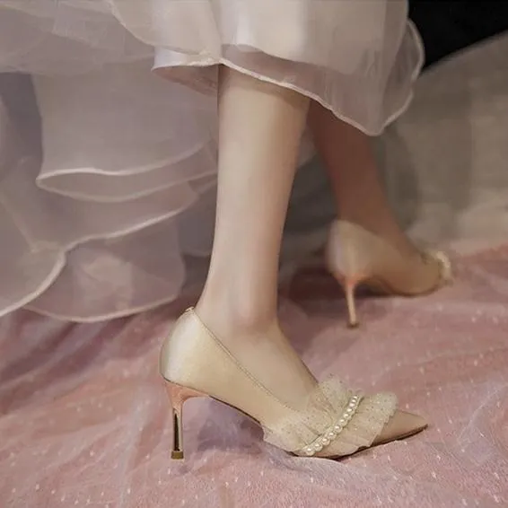Women wedding pointed toe ruffle strap rhinestone bridal heels