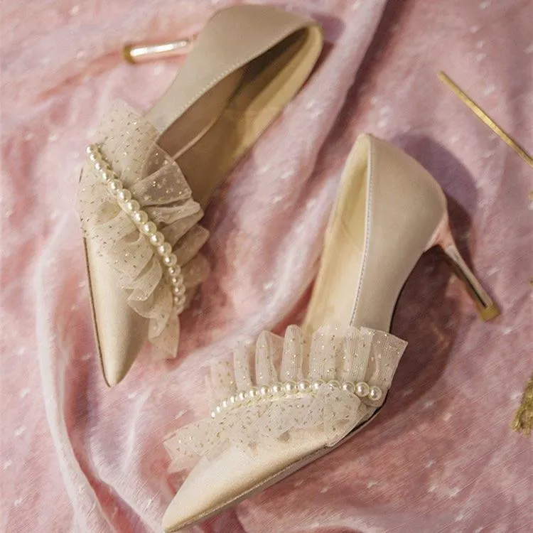 Women wedding pointed toe ruffle strap rhinestone bridal heels