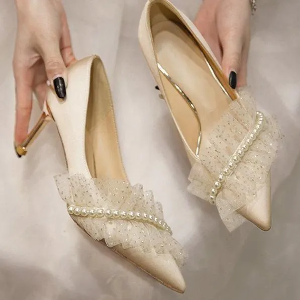 Women wedding pointed toe ruffle strap rhinestone bridal heels