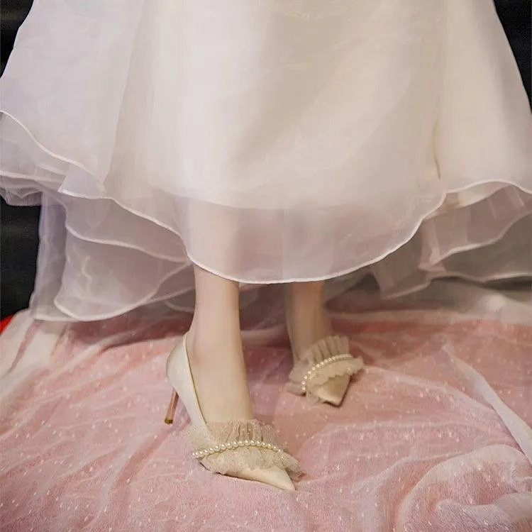 Women wedding pointed toe ruffle strap rhinestone bridal heels