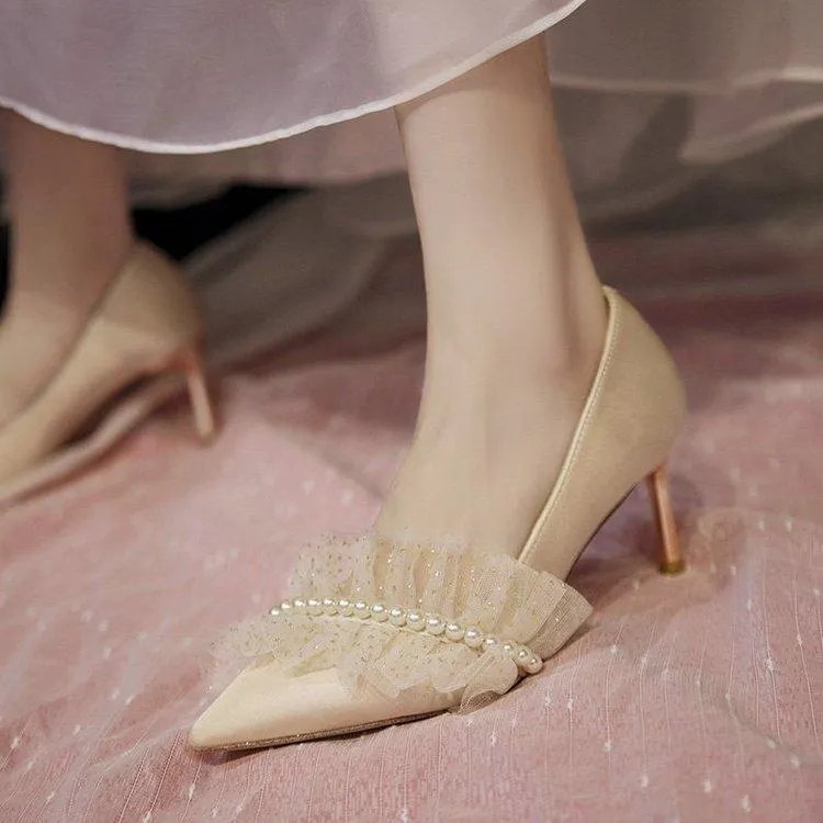 Women wedding pointed toe ruffle strap rhinestone bridal heels