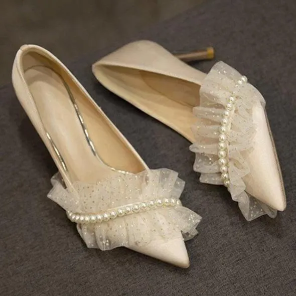 Women wedding pointed toe ruffle strap rhinestone bridal heels