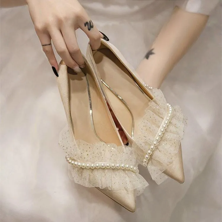 Women wedding pointed toe ruffle strap rhinestone bridal heels