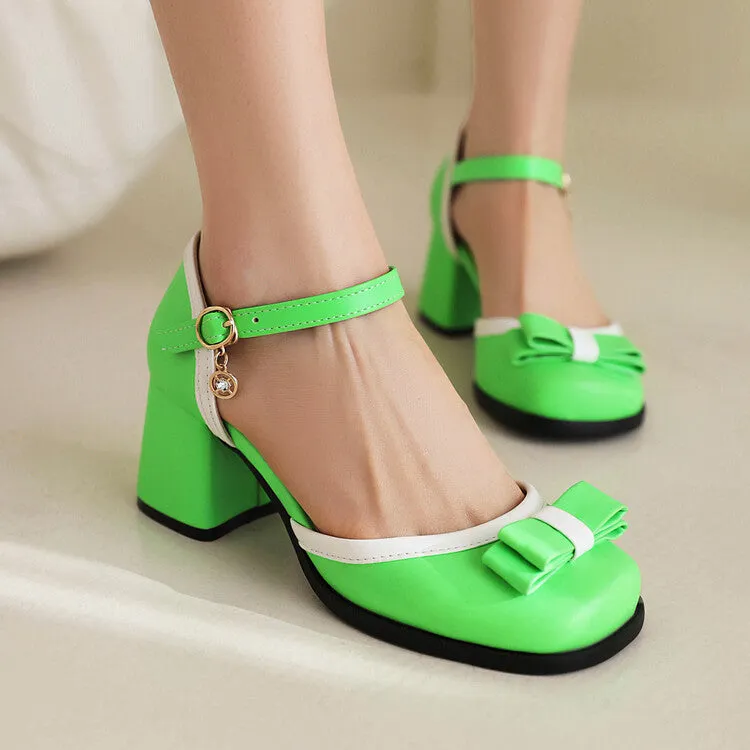 Women's Candy Color Square Toe Bow Tie Block Chunky Heel Platform Sandals