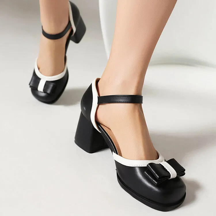 Women's Candy Color Square Toe Bow Tie Block Chunky Heel Platform Sandals