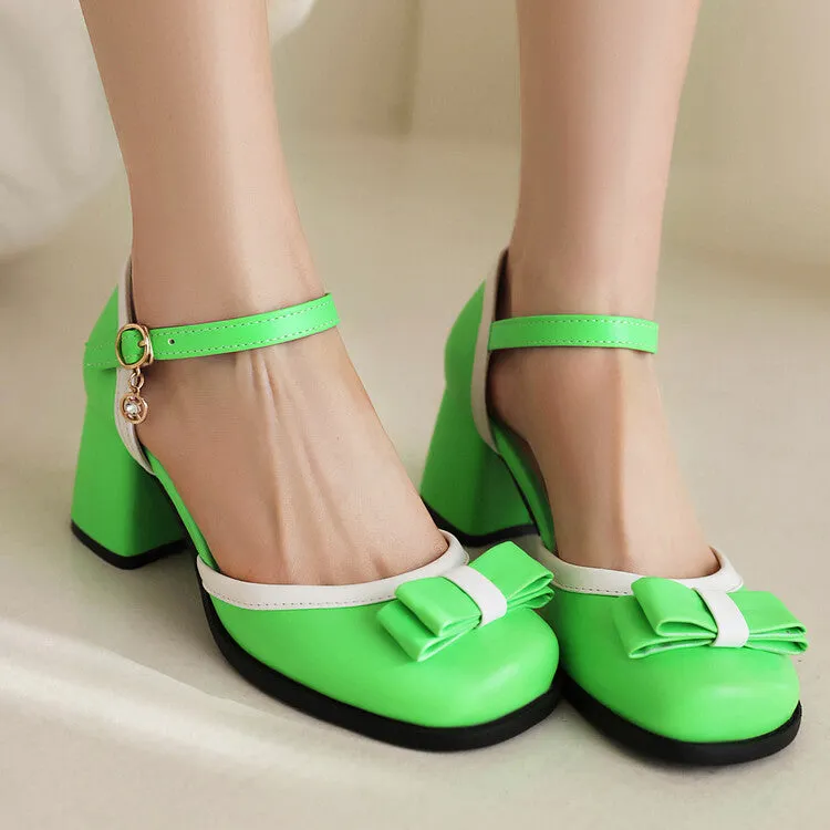 Women's Candy Color Square Toe Bow Tie Block Chunky Heel Platform Sandals