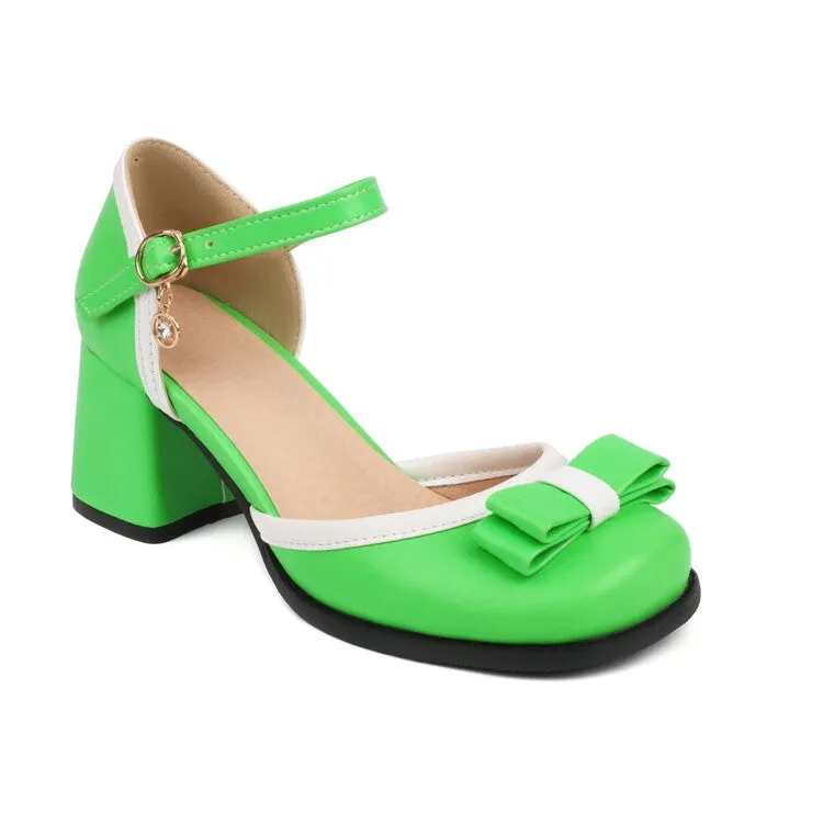 Women's Candy Color Square Toe Bow Tie Block Chunky Heel Platform Sandals