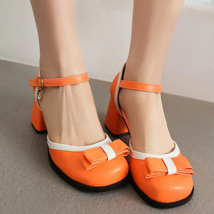 Women's Candy Color Square Toe Bow Tie Block Chunky Heel Platform Sandals