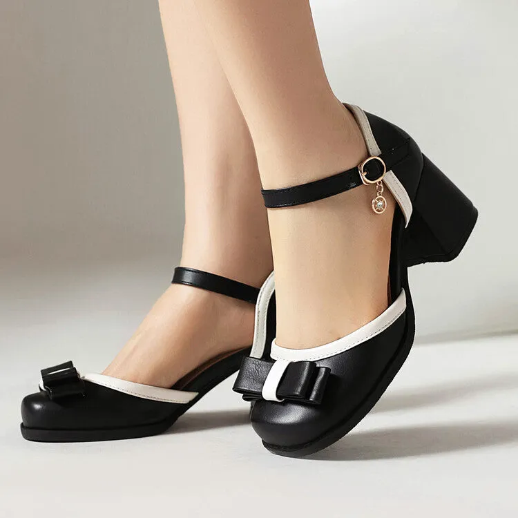 Women's Candy Color Square Toe Bow Tie Block Chunky Heel Platform Sandals