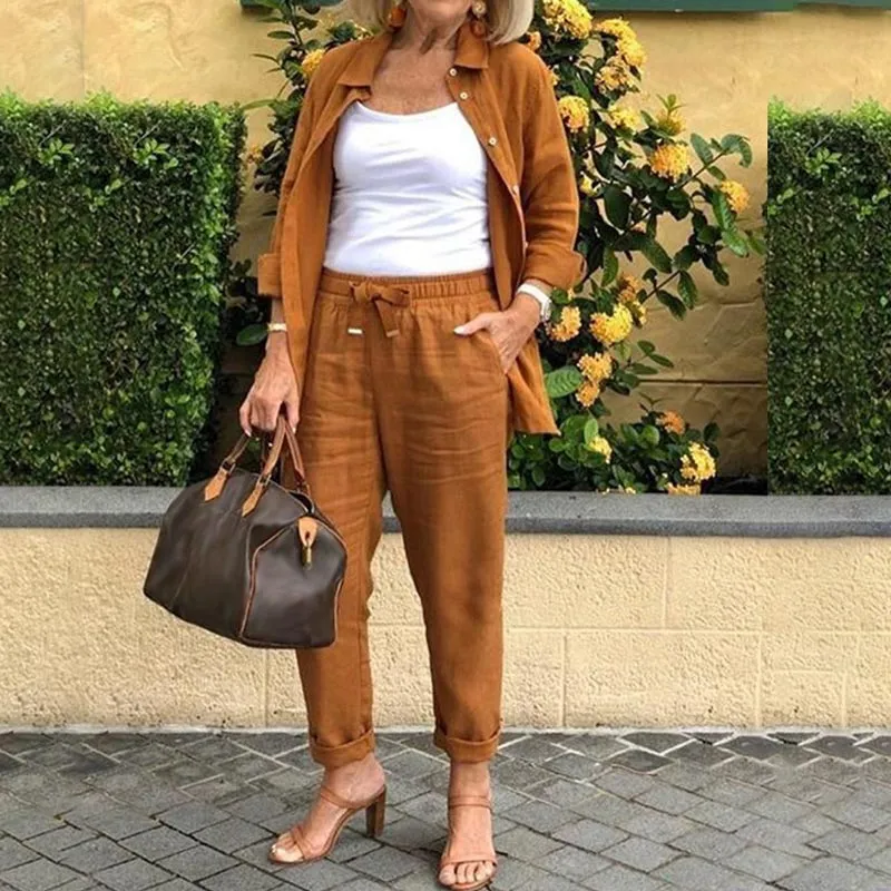 Women's Cotton Linen Long Sleeve Blouse and Pants Set