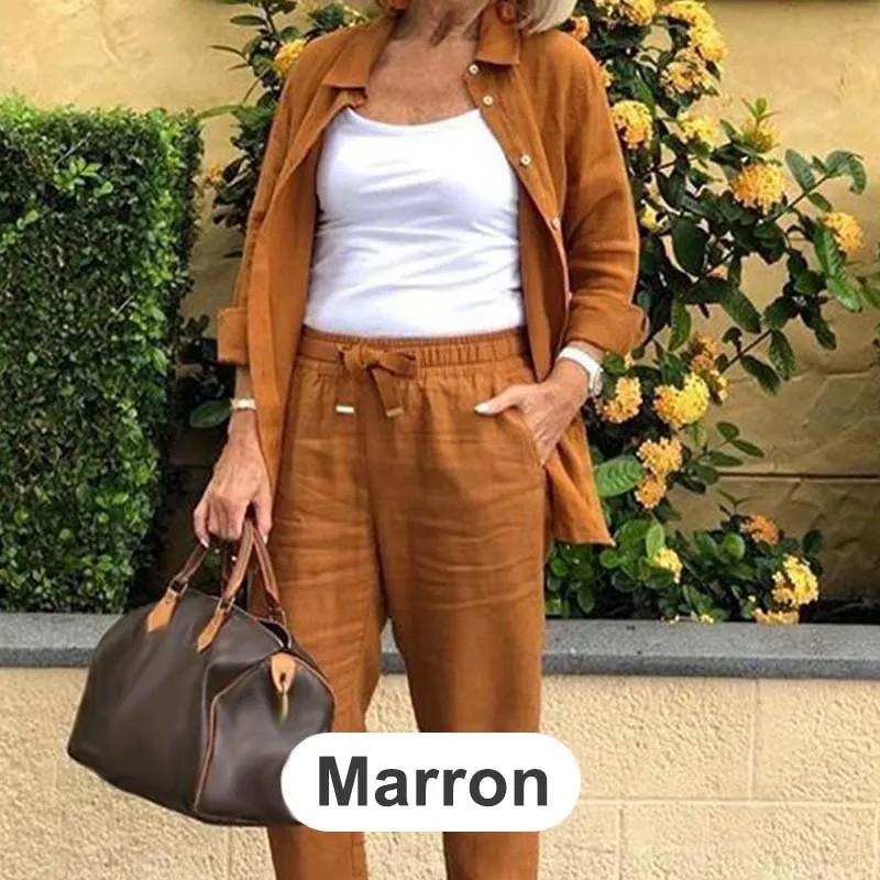 Women's Cotton Linen Long Sleeve Blouse and Pants Set