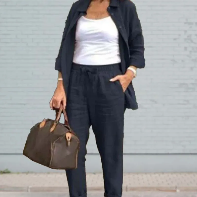 Women's Cotton Linen Long Sleeve Blouse and Pants Set