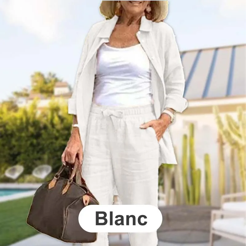 Women's Cotton Linen Long Sleeve Blouse and Pants Set