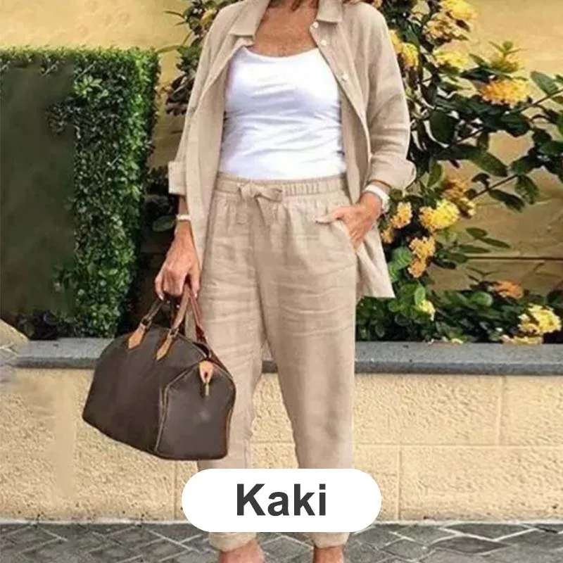 Women's Cotton Linen Long Sleeve Blouse and Pants Set