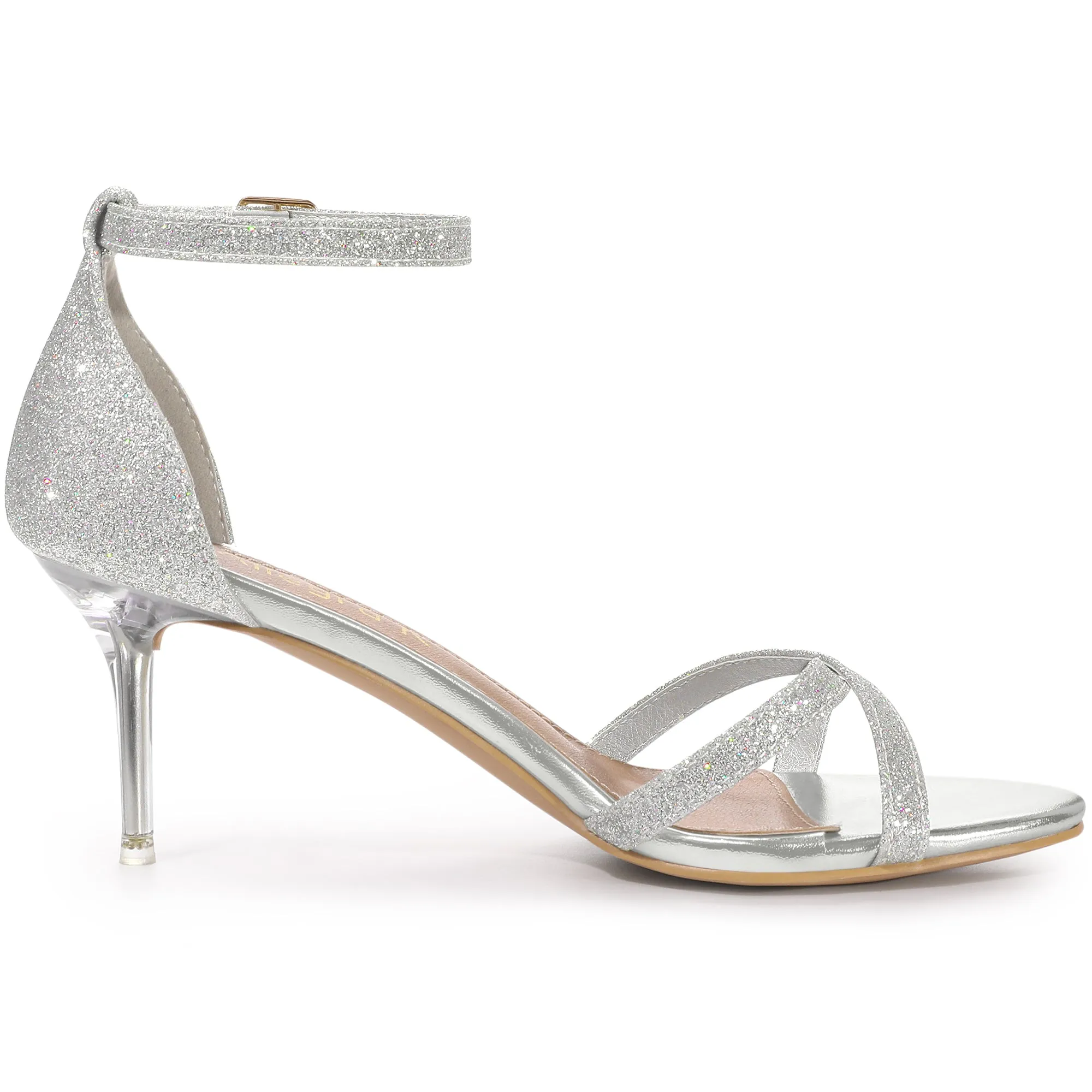 Women's Glitter Ankle Straps Stiletto Clear Heels Sandals