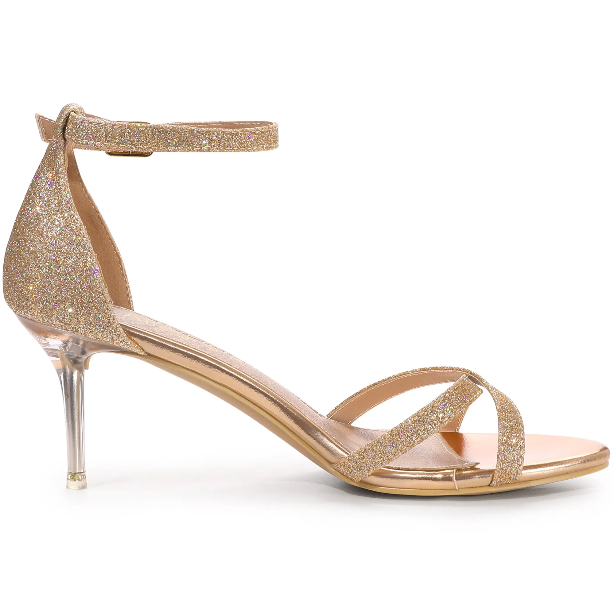 Women's Glitter Ankle Straps Stiletto Clear Heels Sandals