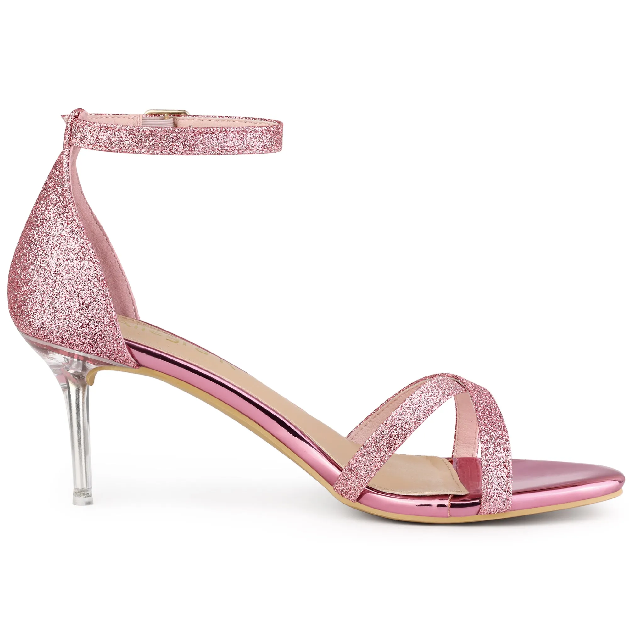 Women's Glitter Ankle Straps Stiletto Clear Heels Sandals