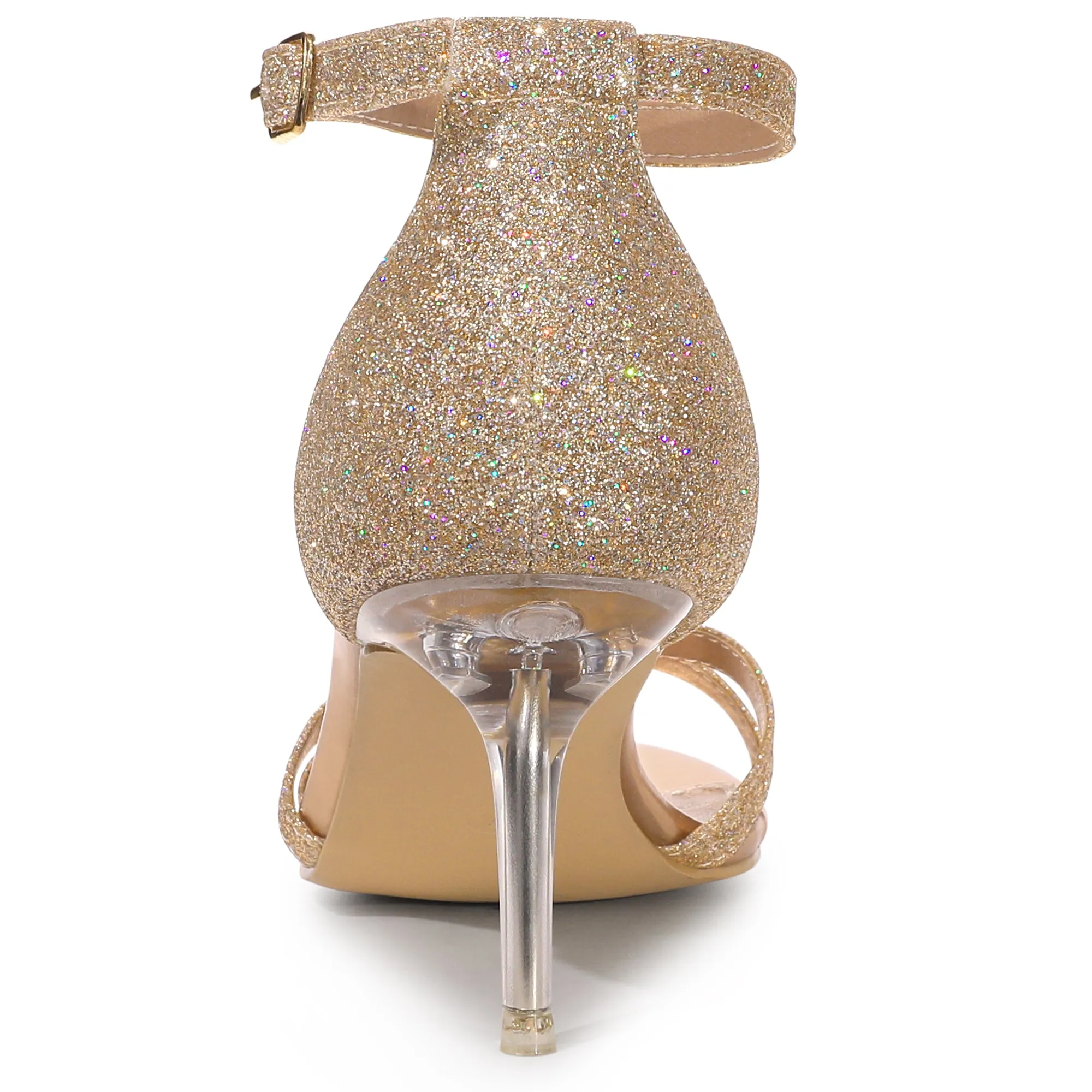 Women's Glitter Ankle Straps Stiletto Clear Heels Sandals