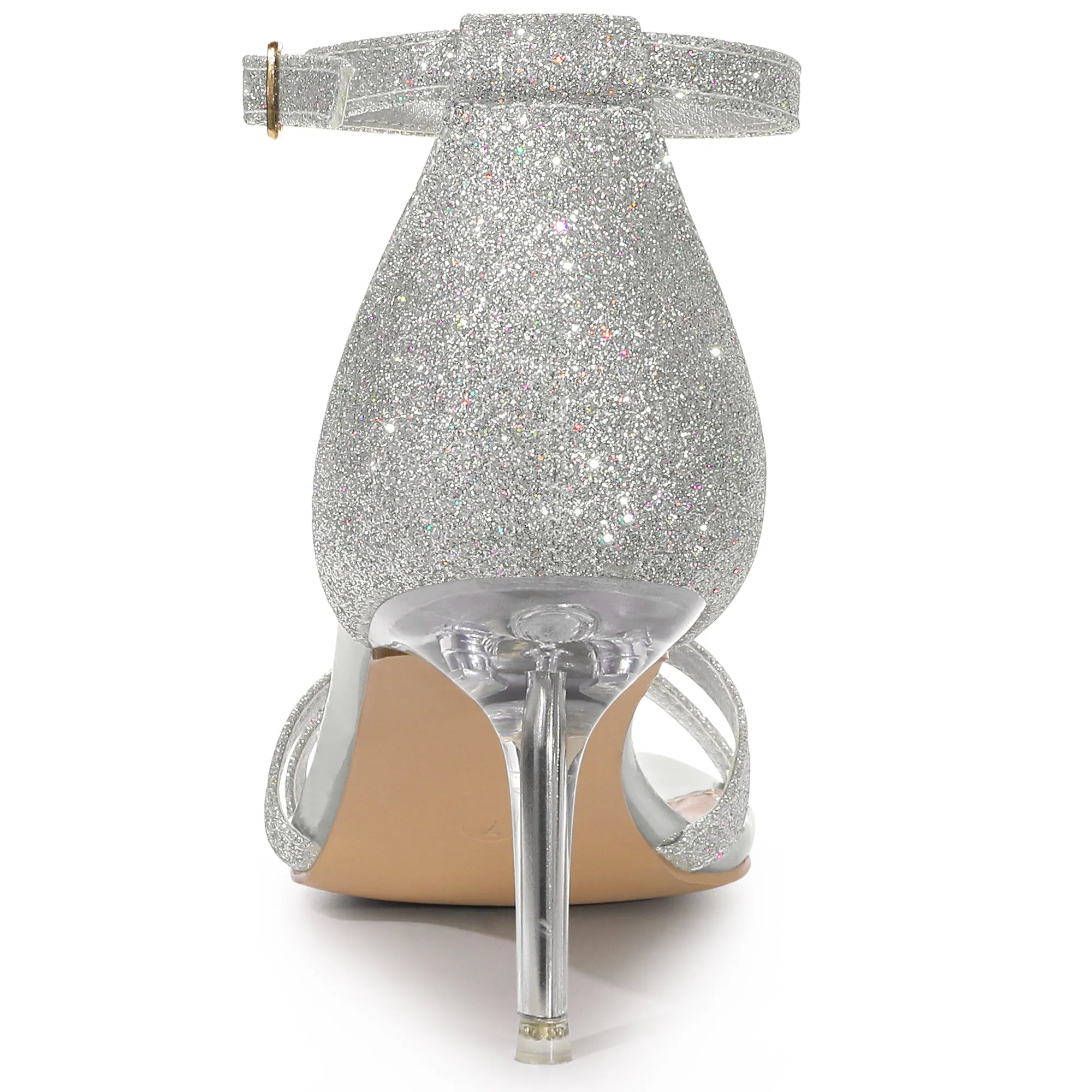 Women's Glitter Ankle Straps Stiletto Clear Heels Sandals