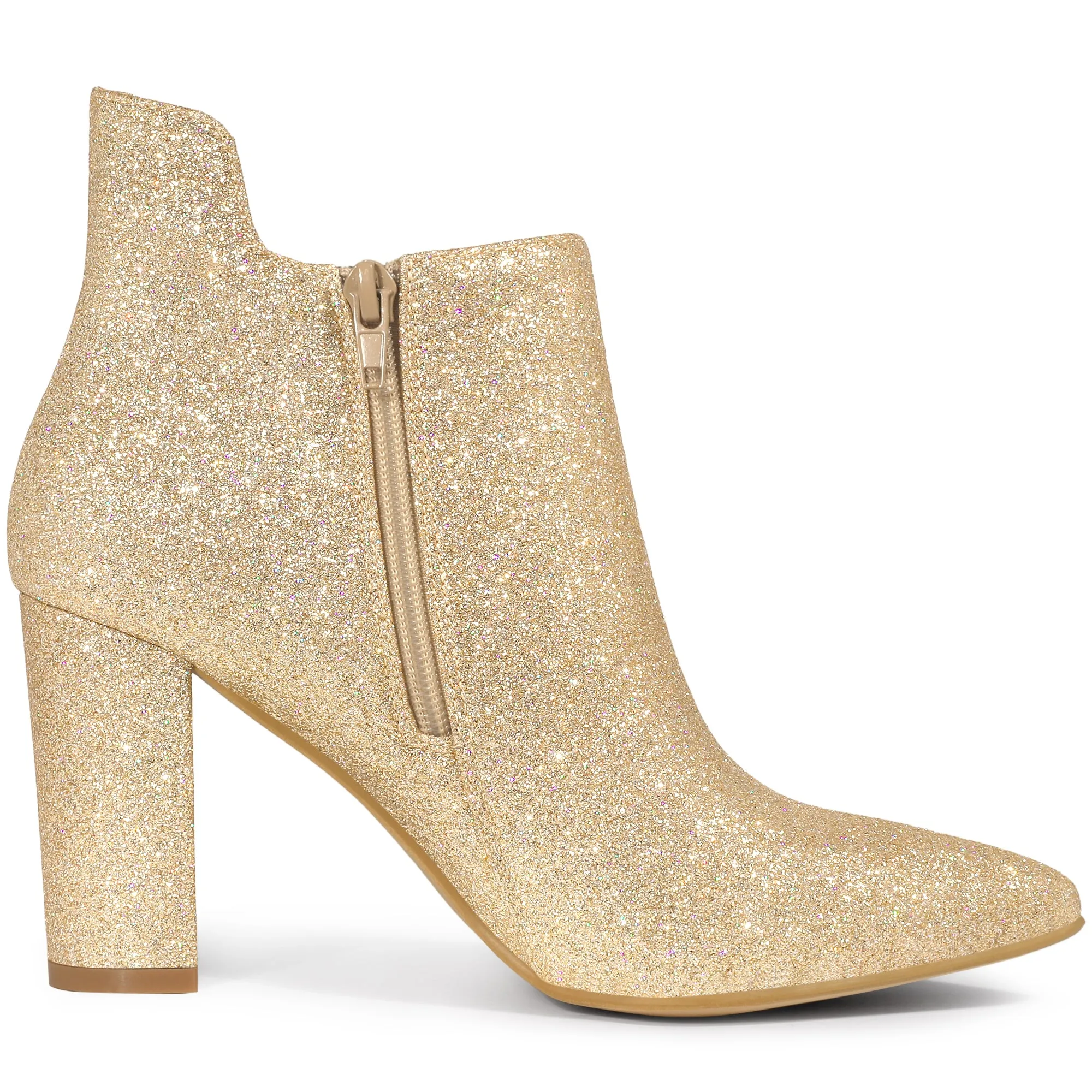 Women's Pointed Toe Cutout Block Heels Glitter Ankle Booties