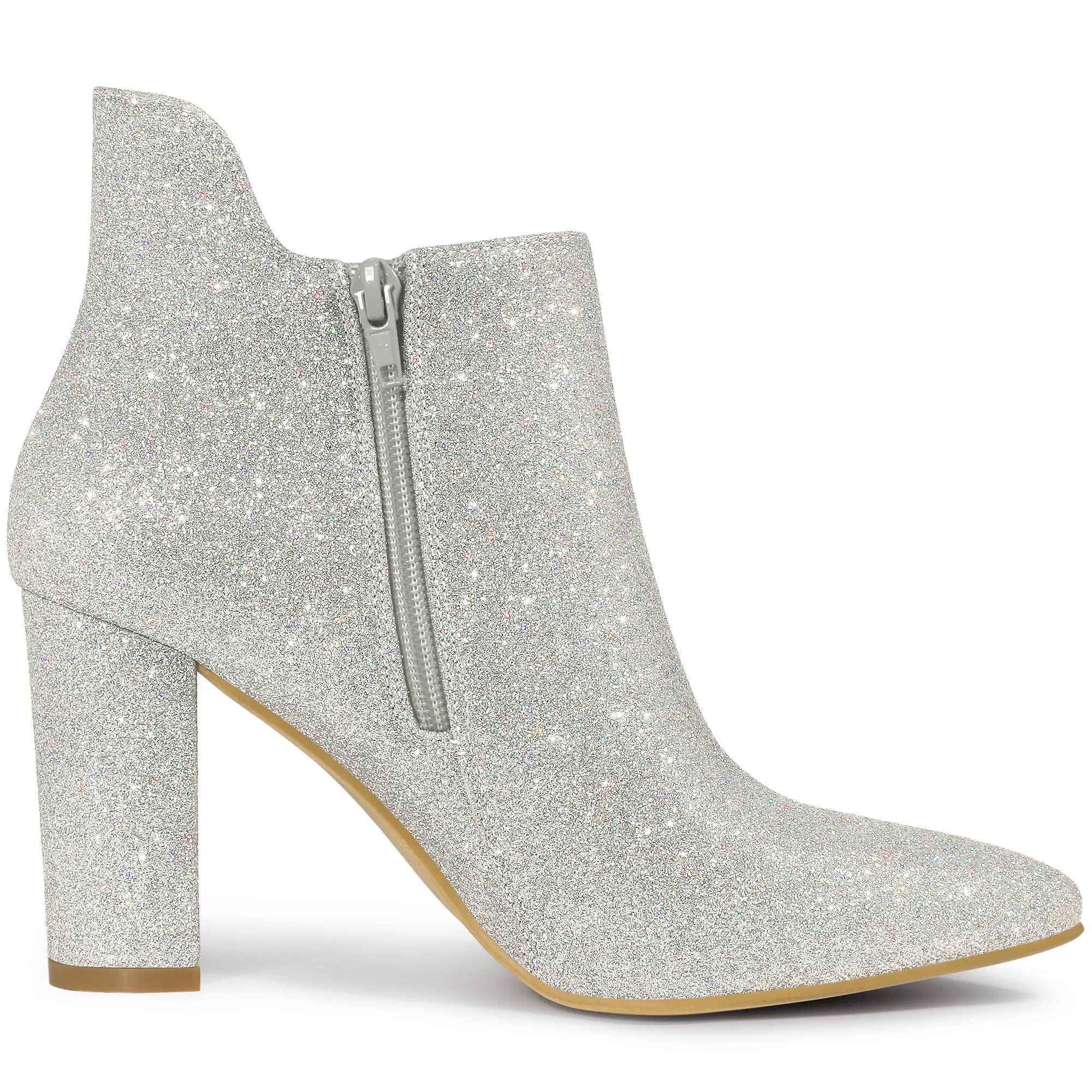 Women's Pointed Toe Cutout Block Heels Glitter Ankle Booties
