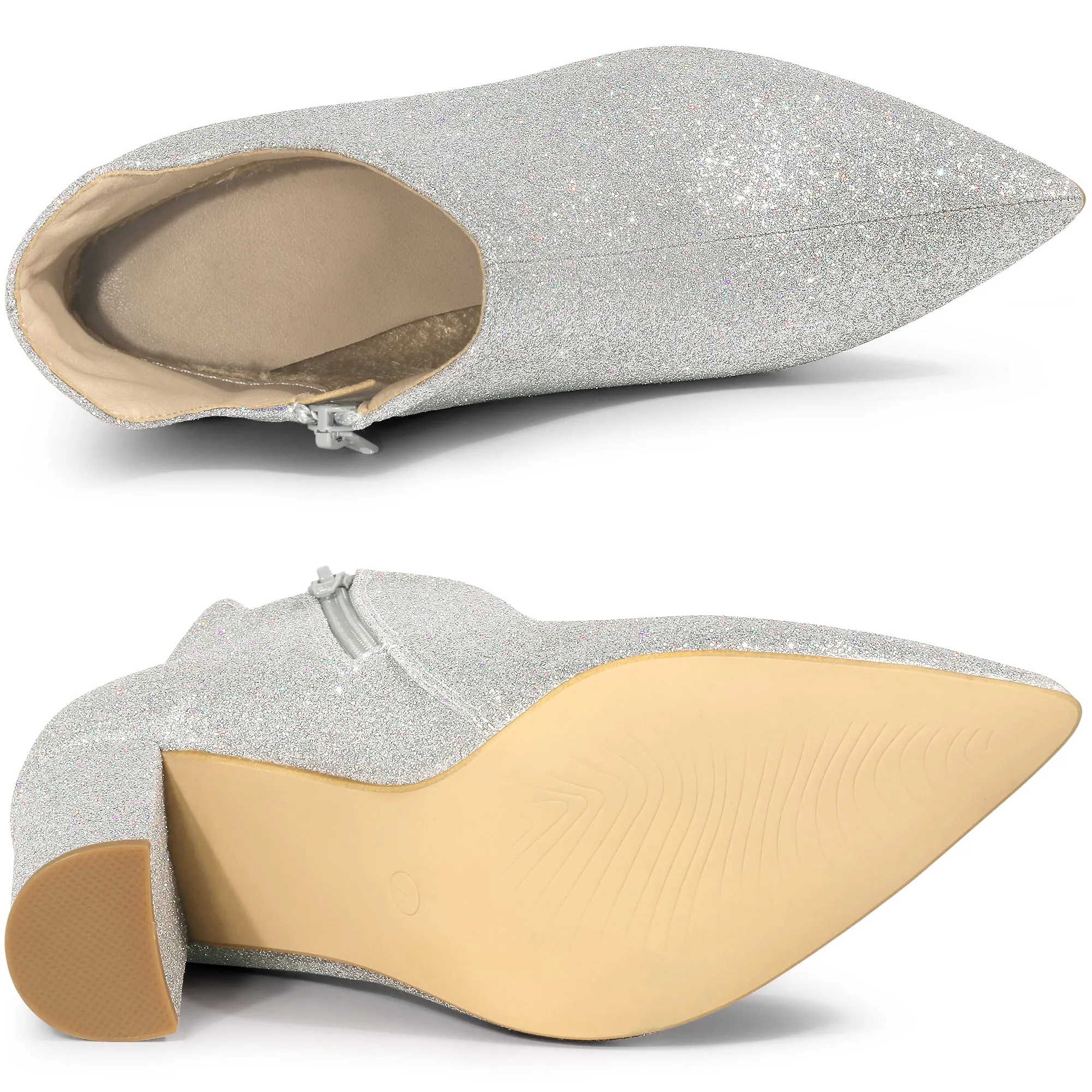 Women's Pointed Toe Cutout Block Heels Glitter Ankle Booties
