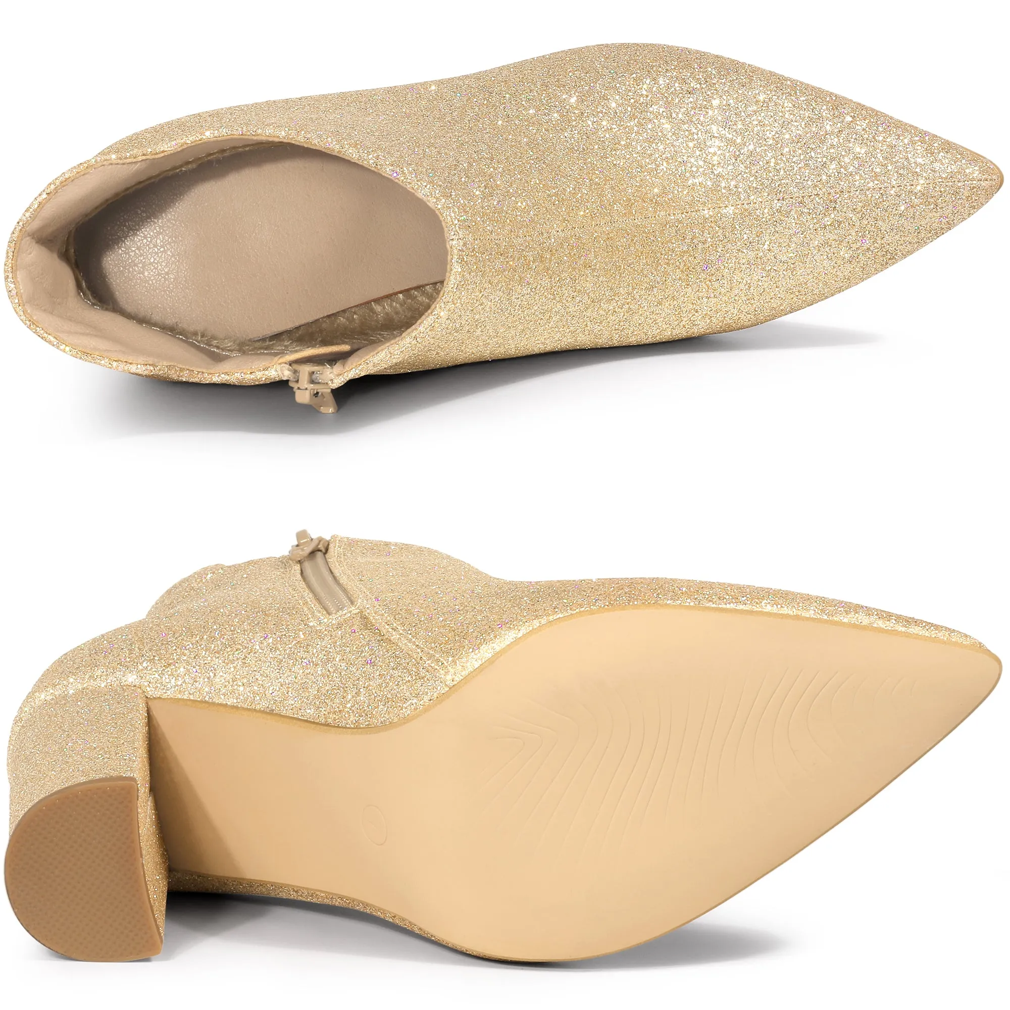 Women's Pointed Toe Cutout Block Heels Glitter Ankle Booties