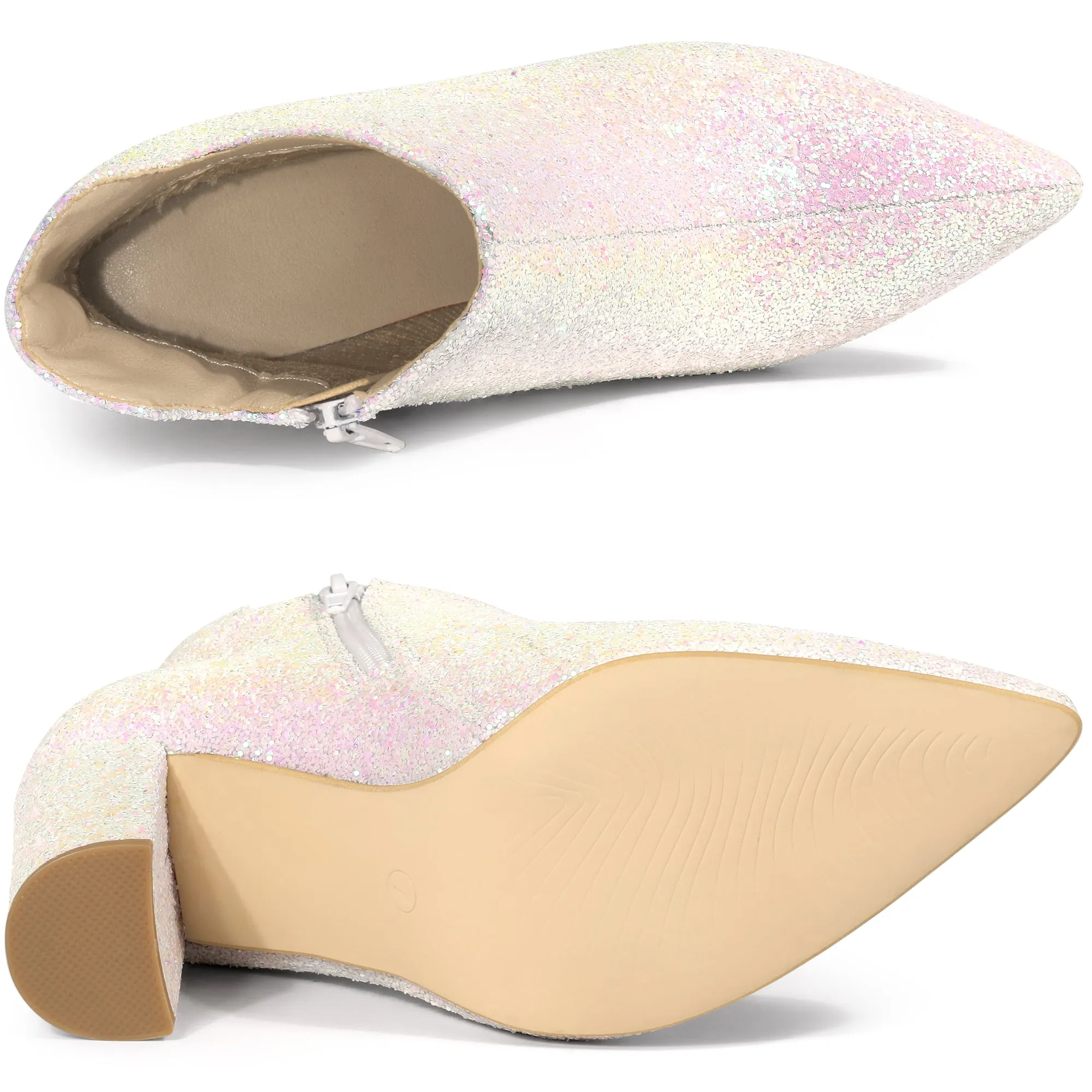 Women's Pointed Toe Cutout Block Heels Glitter Ankle Booties