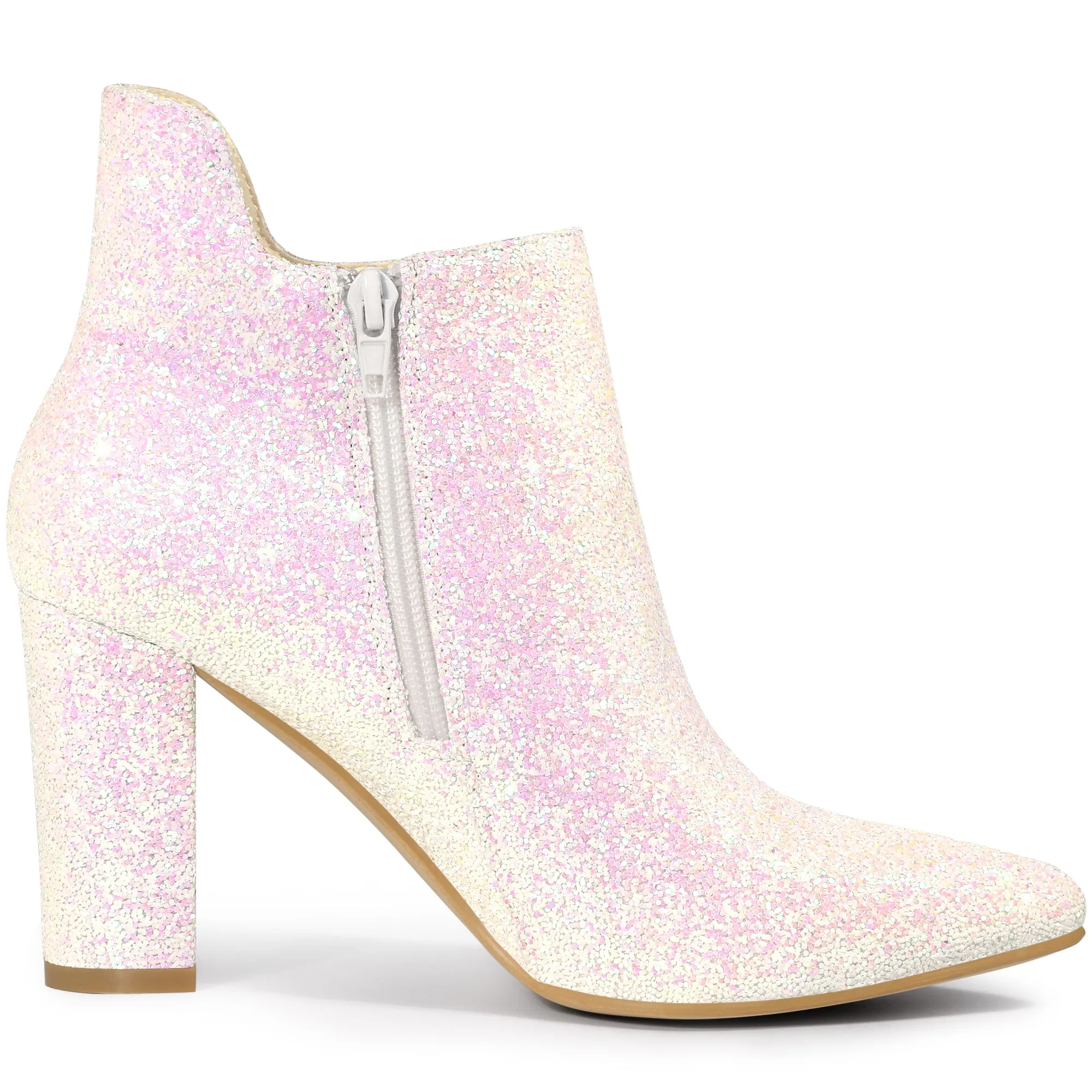 Women's Pointed Toe Cutout Block Heels Glitter Ankle Booties